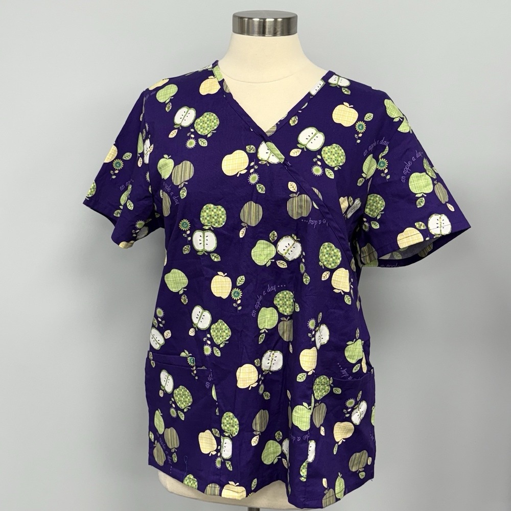 NWOT SB Scrubs Cottagecore Scrub Top 2X Purple With Apple Print Mock Wrap Cotton